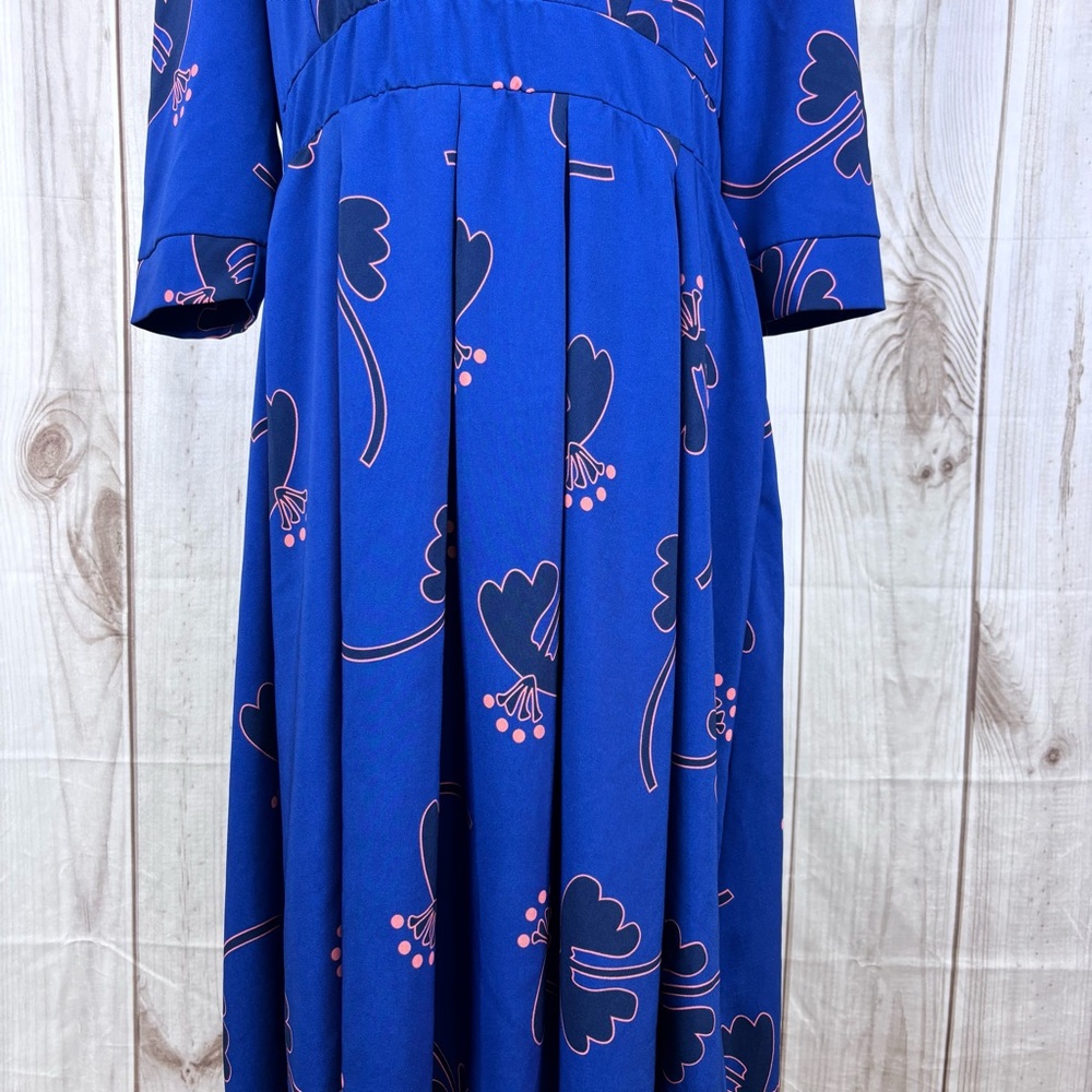 New Floral Midi Dress 3/4 Sleeves Pockets Evening Flare Pleated Blue Size XXL - Picture 4 of 15